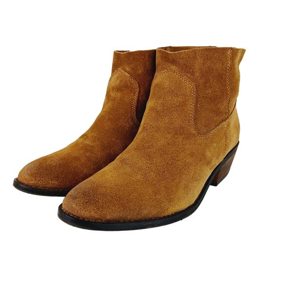 Dolce Vita SZ 9 Suede Booties Caramel Camel Brown Pull On Style 1 1/2" Heel - Picture 5 of 9